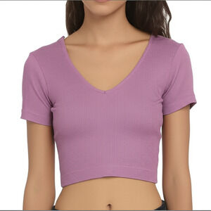 Wild Fable Short Sleeve Crop Top Mauve Ribbed Deep V-Neck Women’s S Trendy‎
